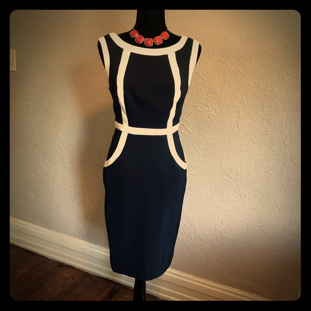 Size 6, Navy and white mid length dress. NWT.